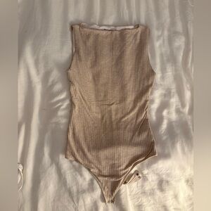 Abercrombie Sleeveless Ribbed High Neck Bodysuit in Beige, Size M